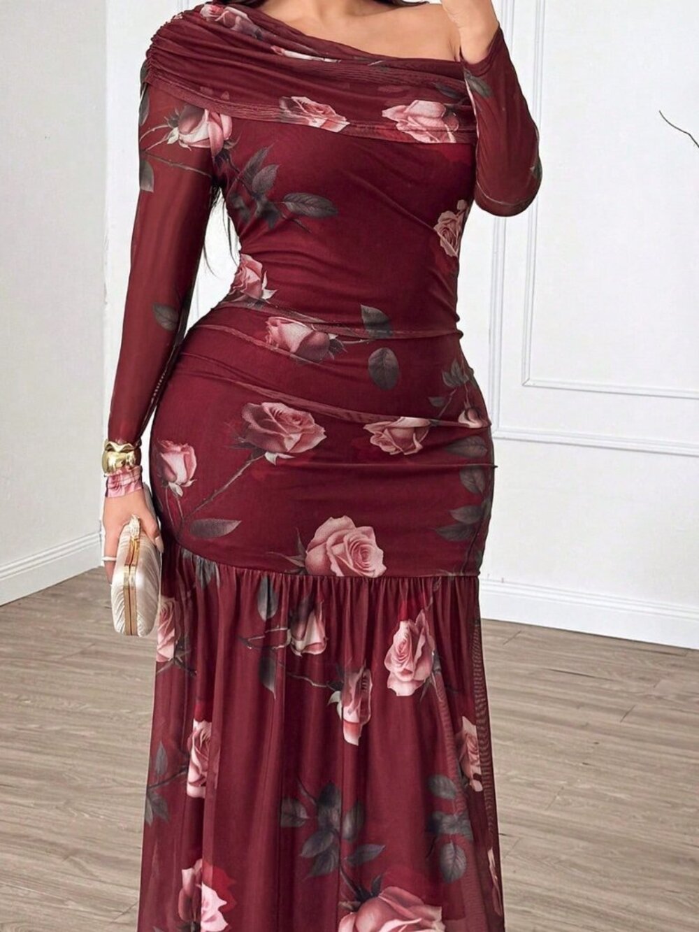 Burgundy Elegant Women's Slim Fit Asymmetrical Long Bodycon Dress - Picture 6 of 6